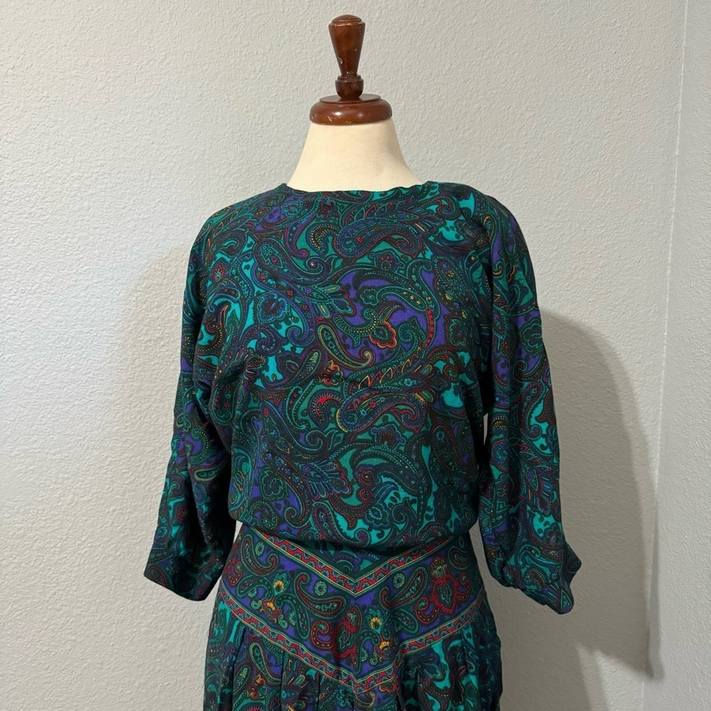 R.E.O. Originals Vintage Multicolored Long Sleeves Round Neck Midi Dress Size 14 - Picture 2 of 16